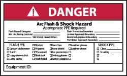 NMC - Accident Prevention Label, Header: DANGER - Legend: Danger - Arc Flash & Shock Hazard - Appropriate Pipe Required, English, Red, Black & White, 5" Long x 3" High, Sign Muscle Finish - Benchmark Tooling