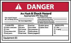 NMC - Accident Prevention Label, Header: DANGER - Legend: Danger - Arc Flash & Shock Hazard - Appropriate Pipe Required, English, Red, Black & White, 5" Long x 3" High, Sign Muscle Finish - Benchmark Tooling