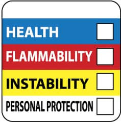 NMC - Hazardous Materials Label - Legend: Health - Flammability - Instability - Personal Protection, English, Blue, Red, Yellow & White, 4" Long x 4" High, Sign Muscle Finish - Benchmark Tooling