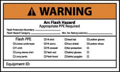 NMC - Accident Prevention Label, Header: WARNING - Legend: Warning - Arch Flash and Shock Hazard - Appropriate PPE and Tools Required When Working On This Equipment, English, Black, Orange & White, 5" Long x 3" High, Sign Muscle Finish - Benchmark Tooling
