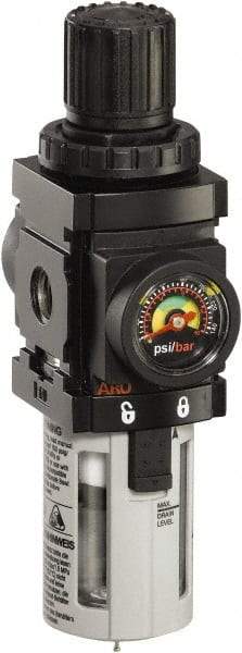 ARO/Ingersoll-Rand - 1/4" NPT Port Miniature 1 Piece Filter/Regulator FRL Unit - Polycarbonate Bowl, 47 SCFM, 150 Max psi, 6.2" High x 1.575" Long, Manual Drain - Benchmark Tooling