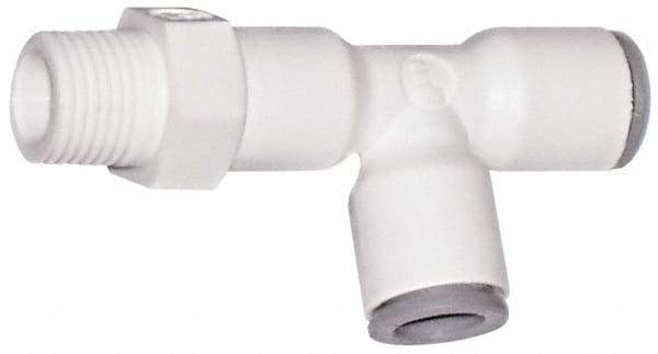 Parker - 1/4" OD, 1/4 NPTF, Bio-Sourced Nylon 11 Push-to-Connect Male Swivel Run Tee - 230 Max psi, White - Benchmark Tooling