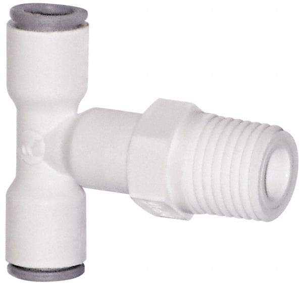 Parker - 1/4" OD, 1/8 NPTF, Bio-Sourced Nylon 11 Push-to-Connect Male Swivel Branch Tee - 230 Max psi, White - Benchmark Tooling