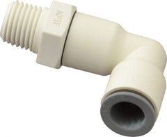 Parker - 3/8" OD, 1/4 NPTF, Bio-Sourced Nylon 11 Push-to-Connect Male Swivel Elbow - 190 Max psi, White - Benchmark Tooling