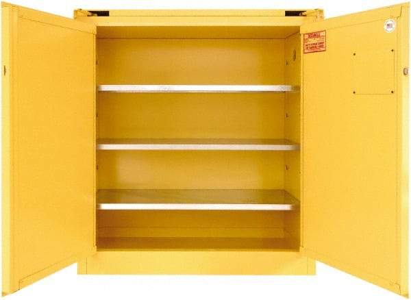 Securall Cabinets - 2 Door, 3 Shelf, Yellow Steel Standard Safety Cabinet for Flammable and Combustible Liquids - 46" High x 43" Wide x 18" Deep, Self Closing Door, 3 Point Key Lock, 40 Gal Capacity - Benchmark Tooling