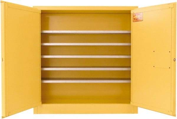 Securall Cabinets - 2 Door, 5 Shelf, Yellow Steel Wall Mount Safety Cabinet for Flammable and Combustible Liquids - 44" High x 43" Wide x 12" Deep, Manual Closing Door, 3 Point Key Lock, 24 Gal Capacity - Benchmark Tooling