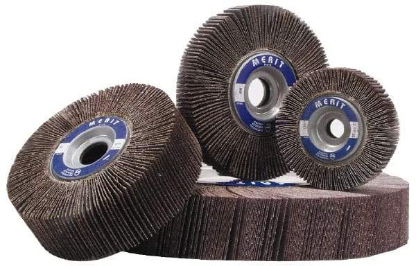 Merit Abrasives - 3-1/2" Diam, 60 Grit Aluminum Oxide Unmounted Flap Wheel - 5/8" Hole, 1-1/2" Wide, Coated, Medium Grade, 30,,000 Max RPM , Cloth Backing - Benchmark Tooling