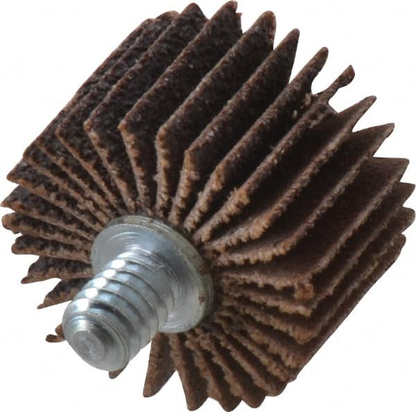 Merit Abrasives - 1" Diam x 5/8" Face Width, Medium Aluminum Oxide Coated Mounted Flap Wheel - 1/4-20 Threaded Mount, 60 Grit, Cloth Backing, 30,000 Max RPM - Benchmark Tooling