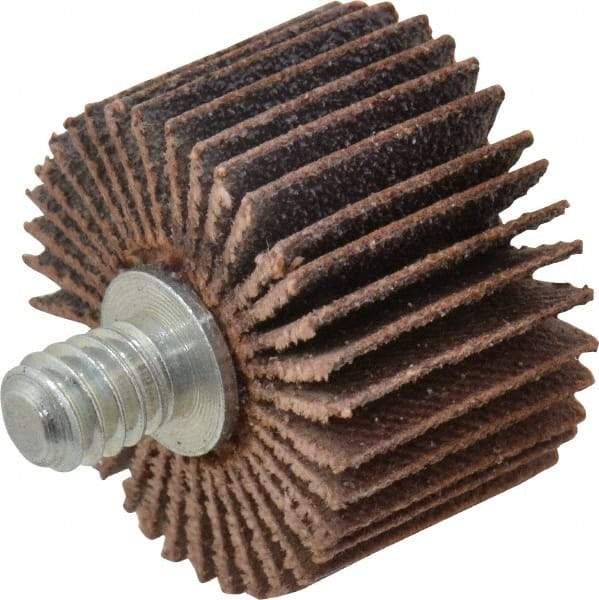 Merit Abrasives - 1" Diam x 5/8" Face Width, Medium Aluminum Oxide Coated Mounted Flap Wheel - 1/4-20 Threaded Mount, 80 Grit, Cloth Backing, 30,000 Max RPM - Benchmark Tooling