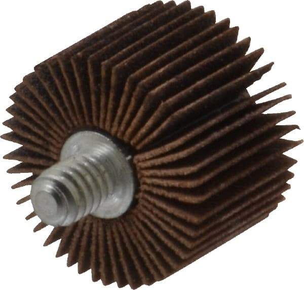 Merit Abrasives - 1" Diam x 5/8" Face Width, Fine Aluminum Oxide Coated Mounted Flap Wheel - 1/4-20 Threaded Mount, 120 Grit, Cloth Backing, 30,000 Max RPM - Benchmark Tooling