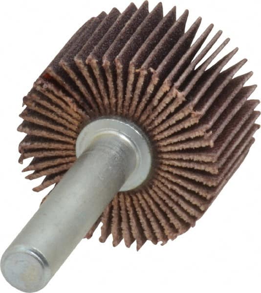 Merit Abrasives - 1" Diam x 5/8" Face Width, Very Fine Ceramic Alumina Coated Mounted Flap Wheel - 1/4" Shank Mount, 180 Grit, Cloth Backing, 30,000 Max RPM - Benchmark Tooling