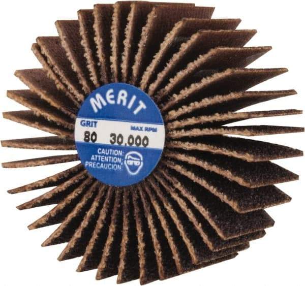 Merit Abrasives - 1-3/8" Diam x 5/8" Face Width, Medium Aluminum Oxide Coated Mounted Flap Wheel - 1/4-20 Threaded Mount, 80 Grit, Cloth Backing, 30,000 Max RPM - Benchmark Tooling