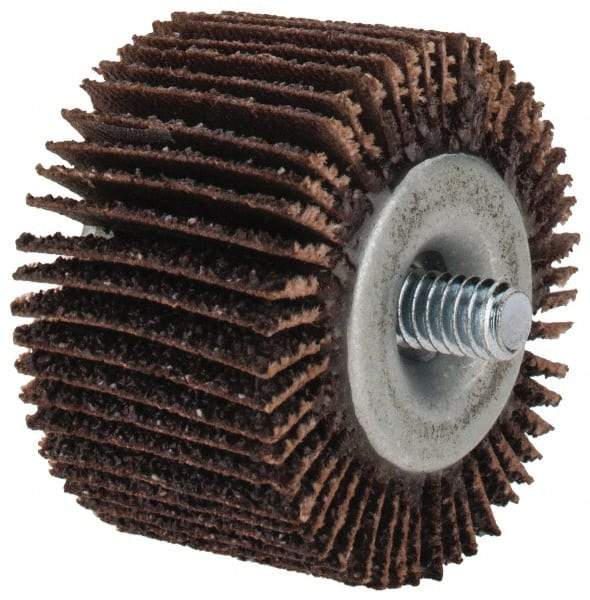 Merit Abrasives - 1-5/8" Diam x 1" Face Width, Coarse Aluminum Oxide Coated Mounted Flap Wheel - 1/4-20 Threaded Mount, 40 Grit, Cloth Backing, 25,000 Max RPM - Benchmark Tooling
