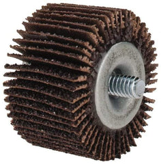 Merit Abrasives - 1-5/8" Diam x 1" Face Width, Coarse Aluminum Oxide Coated Mounted Flap Wheel - 1/4-20 Threaded Mount, 40 Grit, Cloth Backing, 25,000 Max RPM - Benchmark Tooling