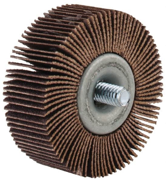 Merit Abrasives - 2" Diam x 3/4" Face Width, Fine Aluminum Oxide Coated Mounted Flap Wheel - 1/4-20 Threaded Mount, 120 Grit, Cloth Backing, 25,000 Max RPM - Benchmark Tooling