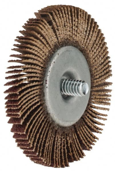 Merit Abrasives - 2-1/2" Diam x 1/4" Face Width, Medium Aluminum Oxide Coated Mounted Flap Wheel - 1/4-20 Threaded Mount, 60 Grit, Cloth Backing, 25,000 Max RPM - Benchmark Tooling