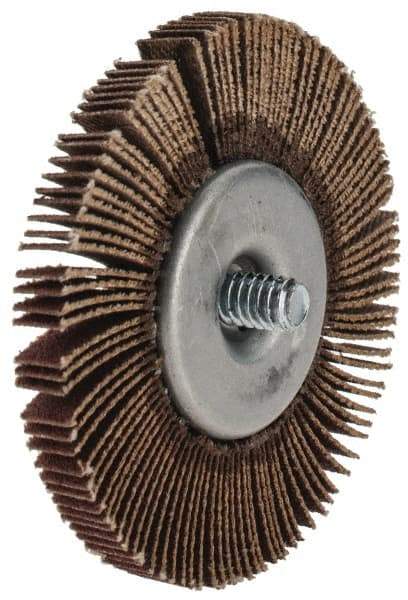 Merit Abrasives - 2-1/2" Diam x 1/4" Face Width, Fine Aluminum Oxide Coated Mounted Flap Wheel - 1/4-20 Threaded Mount, 120 Grit, Cloth Backing, 25,000 Max RPM - Benchmark Tooling