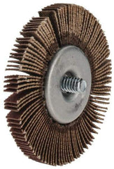 Merit Abrasives - 2-1/2" Diam x 1/4" Face Width, Fine Aluminum Oxide Coated Mounted Flap Wheel - 1/4-20 Threaded Mount, 120 Grit, Cloth Backing, 25,000 Max RPM - Benchmark Tooling