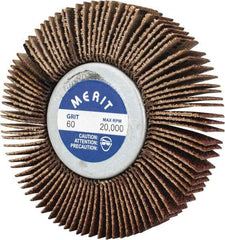 Merit Abrasives - 2-1/2" Diam x 1/2" Face Width, Medium Aluminum Oxide Coated Mounted Flap Wheel - 1/4-20 Threaded Mount, 60 Grit, Cloth Backing, 20,000 Max RPM - Benchmark Tooling
