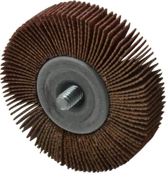 Merit Abrasives - 2-1/2" Diam x 1/2" Face Width, Medium Aluminum Oxide Coated Mounted Flap Wheel - 1/4-20 Threaded Mount, 80 Grit, Cloth Backing, 20,000 Max RPM - Benchmark Tooling