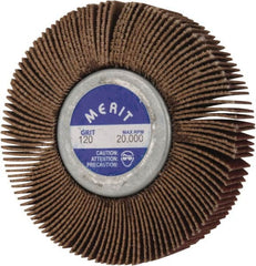 Merit Abrasives - 2-1/2" Diam x 1/2" Face Width, Fine Aluminum Oxide Coated Mounted Flap Wheel - 1/4-20 Threaded Mount, 120 Grit, Cloth Backing, 20,000 Max RPM - Benchmark Tooling