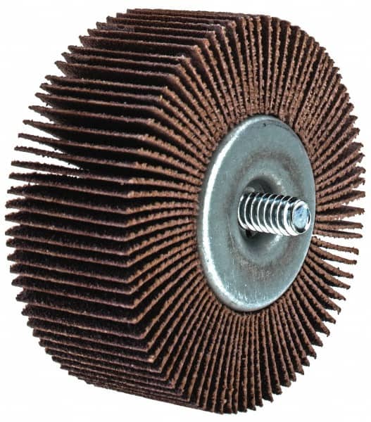 Merit Abrasives - 2-1/2" Diam x 1" Face Width, Medium Aluminum Oxide Coated Mounted Flap Wheel - 1/4-20 Threaded Mount, 80 Grit, Cloth Backing, 20,000 Max RPM - Benchmark Tooling