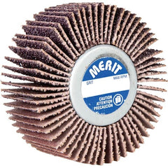 Merit Abrasives - 3" Diam x 3/4" Face Width, Medium Aluminum Oxide Coated Mounted Flap Wheel - 1/4-20 Threaded Mount, 80 Grit, Cloth Backing, 20,000 Max RPM - Benchmark Tooling