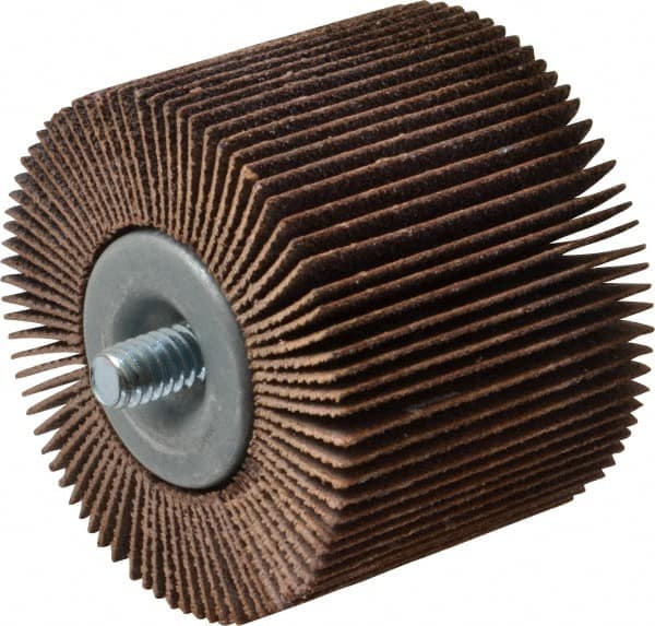 Merit Abrasives - 2" Diam x 1-1/2" Face Width, Medium Aluminum Oxide Coated Mounted Flap Wheel - 1/4-20 Threaded Mount, 80 Grit, Cloth Backing, 25,000 Max RPM - Benchmark Tooling