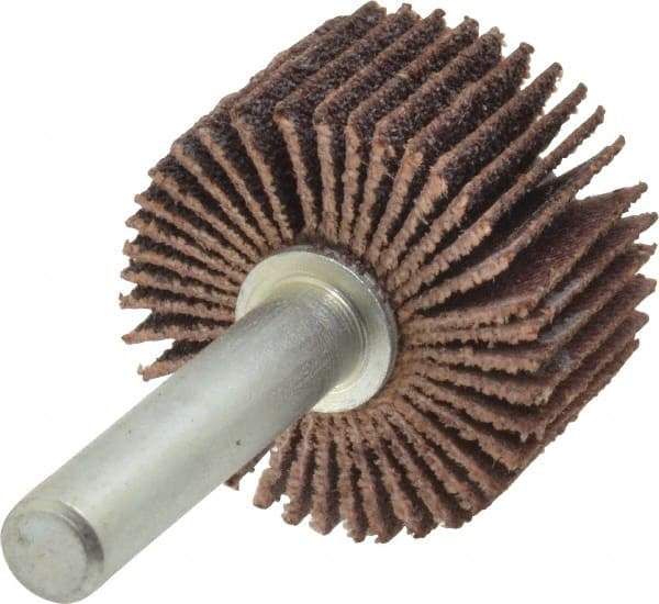 Merit Abrasives - 1" Diam x 5/8" Face Width, Medium Ceramic Alumina Coated Mounted Flap Wheel - 1/4" Shank Mount, 80 Grit, Cloth Backing, 30,000 Max RPM - Benchmark Tooling