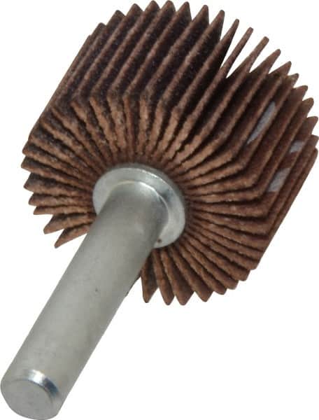 Merit Abrasives - 1" Diam x 5/8" Face Width, Fine Ceramic Alumina Coated Mounted Flap Wheel - 1/4" Shank Mount, 120 Grit, Cloth Backing, 30,000 Max RPM - Benchmark Tooling