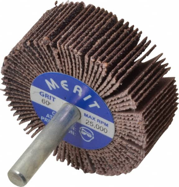 Merit Abrasives - 2" Diam x 3/4" Face Width, Medium Ceramic Alumina Coated Mounted Flap Wheel - 1/4" Shank Mount, 60 Grit, Cloth Backing, 25,000 Max RPM - Benchmark Tooling