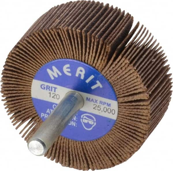 Merit Abrasives - 2" Diam x 3/4" Face Width, Fine Ceramic Alumina Coated Mounted Flap Wheel - 1/4" Shank Mount, 120 Grit, Cloth Backing, 25,000 Max RPM - Benchmark Tooling