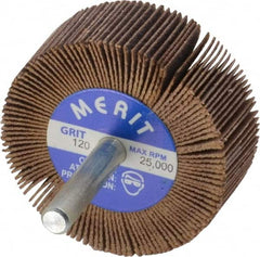 Merit Abrasives - 2" Diam x 3/4" Face Width, Fine Ceramic Alumina Coated Mounted Flap Wheel - 1/4" Shank Mount, 120 Grit, Cloth Backing, 25,000 Max RPM - Benchmark Tooling