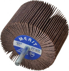 Merit Abrasives - 3" Diam x 2" Face Width, Medium Ceramic Alumina Coated Mounted Flap Wheel - 1/4" Shank Mount, 60 Grit, Cloth Backing, 20,000 Max RPM - Benchmark Tooling