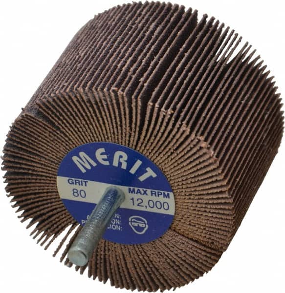 Merit Abrasives - 3" Diam x 2" Face Width, Medium Ceramic Alumina Coated Mounted Flap Wheel - 1/4" Shank Mount, 80 Grit, Cloth Backing, 20,000 Max RPM - Benchmark Tooling