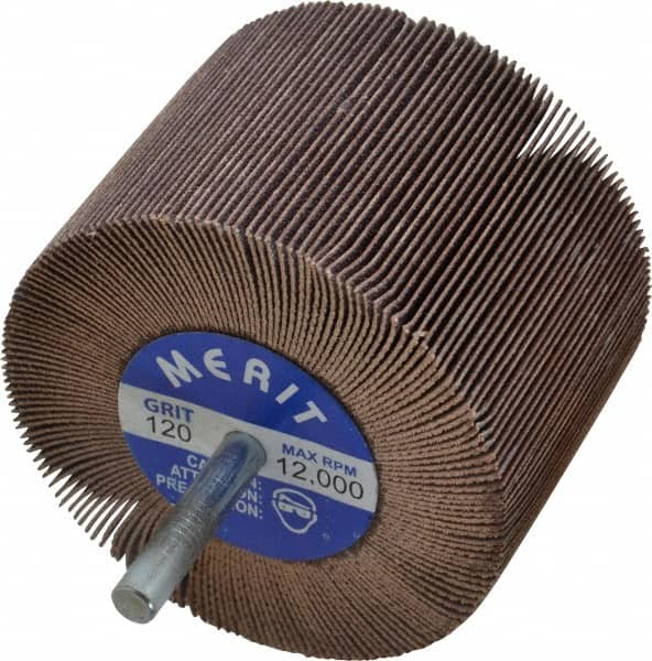 Merit Abrasives - 3" Diam x 2" Face Width, Fine Ceramic Alumina Coated Mounted Flap Wheel - 1/4" Shank Mount, 120 Grit, Cloth Backing, 20,000 Max RPM - Benchmark Tooling