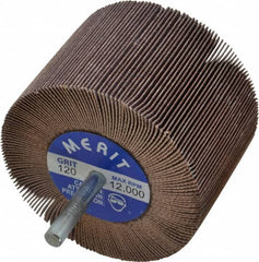 Merit Abrasives - 3" Diam x 2" Face Width, Fine Ceramic Alumina Coated Mounted Flap Wheel - 1/4" Shank Mount, 120 Grit, Cloth Backing, 20,000 Max RPM - Benchmark Tooling