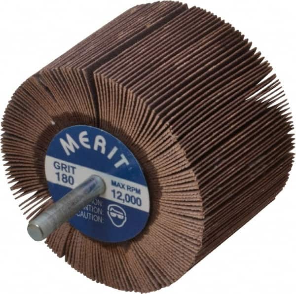 Merit Abrasives - 3" Diam x 2" Face Width, Very Fine Ceramic Alumina Coated Mounted Flap Wheel - 1/4" Shank Mount, 180 Grit, Cloth Backing, 20,000 Max RPM - Benchmark Tooling