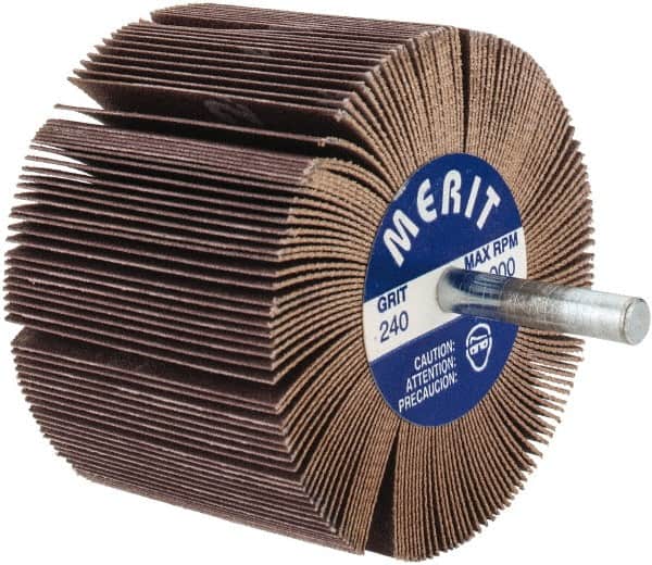 Merit Abrasives - 3" Diam x 2" Face Width, Very Fine Ceramic Alumina Coated Mounted Flap Wheel - 1/4" Shank Mount, 240 Grit, 20,000 Max RPM - Benchmark Tooling