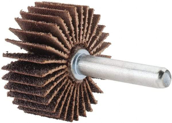 Merit Abrasives - 1-3/8" Diam x 5/8" Face Width, Medium Aluminum Oxide Coated Mounted Flap Wheel - 1/4" Shank Mount, 60 Grit, Cloth Backing, 30,000 Max RPM - Benchmark Tooling