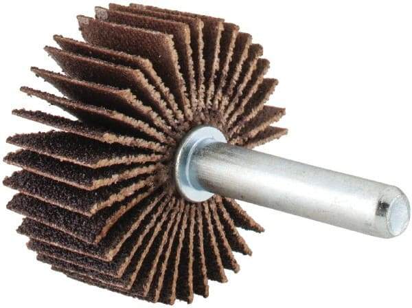 Merit Abrasives - 1-3/8" Diam x 5/8" Face Width, Medium Aluminum Oxide Coated Mounted Flap Wheel - 1/4" Shank Mount, 80 Grit, Cloth Backing, 30,000 Max RPM - Benchmark Tooling