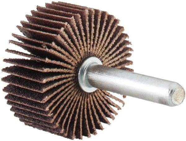 Merit Abrasives - 1-3/8" Diam x 5/8" Face Width, Fine Aluminum Oxide Coated Mounted Flap Wheel - 1/4" Shank Mount, 120 Grit, Cloth Backing, 30,000 Max RPM - Benchmark Tooling