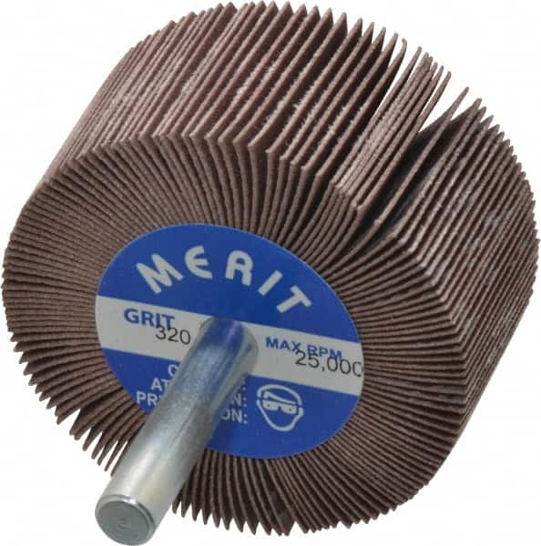 Merit Abrasives - 2" Diam x 1" Face Width, Extra Fine Ceramic Alumina Coated Mounted Flap Wheel - 1/4" Shank Mount, 320 Grit, Cloth Backing, 25,000 Max RPM - Benchmark Tooling