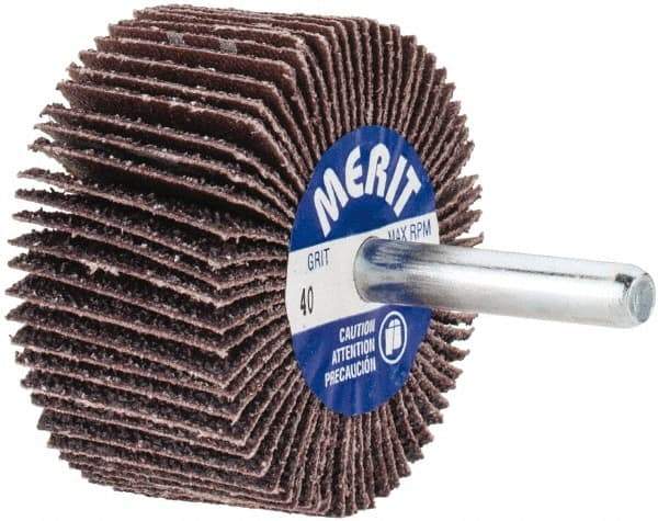 Merit Abrasives - 2" Diam x 1" Face Width, Coarse Aluminum Oxide Coated Mounted Flap Wheel - 1/4" Shank Mount, 40 Grit, Cloth Backing, 25,000 Max RPM - Benchmark Tooling