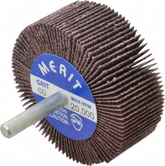 Merit Abrasives - 2-1/2" Diam x 1" Face Width, Medium Ceramic Alumina Coated Mounted Flap Wheel - 1/4" Shank Mount, 60 Grit, Cloth Backing, 20,000 Max RPM - Benchmark Tooling