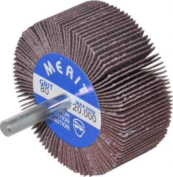 Merit Abrasives - 2-1/2" Diam x 1" Face Width, Medium Ceramic Alumina Coated Mounted Flap Wheel - 1/4" Shank Mount, 80 Grit, Cloth Backing, 20,000 Max RPM - Benchmark Tooling
