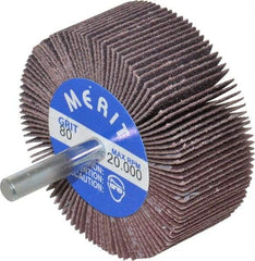 Merit Abrasives - 2-1/2" Diam x 1" Face Width, Medium Ceramic Alumina Coated Mounted Flap Wheel - 1/4" Shank Mount, 80 Grit, Cloth Backing, 20,000 Max RPM - Benchmark Tooling