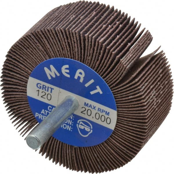 Merit Abrasives - 2-1/2" Diam x 1" Face Width, Fine Ceramic Alumina Coated Mounted Flap Wheel - 1/4" Shank Mount, 120 Grit, Cloth Backing, 20,000 Max RPM - Benchmark Tooling