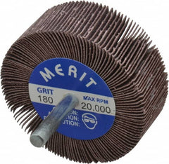 Merit Abrasives - 2-1/2" Diam x 1" Face Width, Very Fine Ceramic Alumina Coated Mounted Flap Wheel - 1/4" Shank Mount, 180 Grit, Cloth Backing, 20,000 Max RPM - Benchmark Tooling