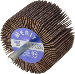 Merit Abrasives - 2-1/2" Diam x 1-1/2" Face Width, Medium Ceramic Alumina Coated Mounted Flap Wheel - 1/4" Shank Mount, 60 Grit, Cloth Backing, 20,000 Max RPM - Benchmark Tooling